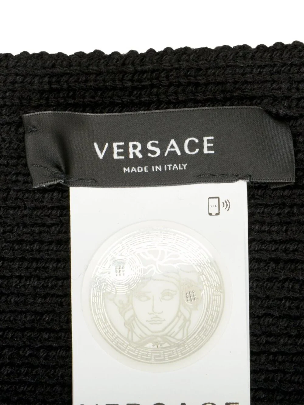 Versace Unisex Black 100% Wool Ribbed Knitted Long Scarf